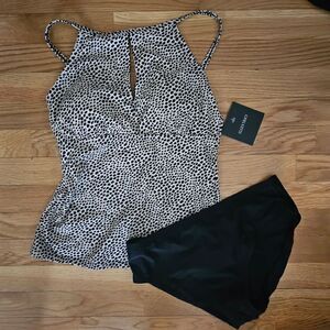 Ellen Tracy Women's animal print tankini  sz 10 & black swim bikini bottom sz 8